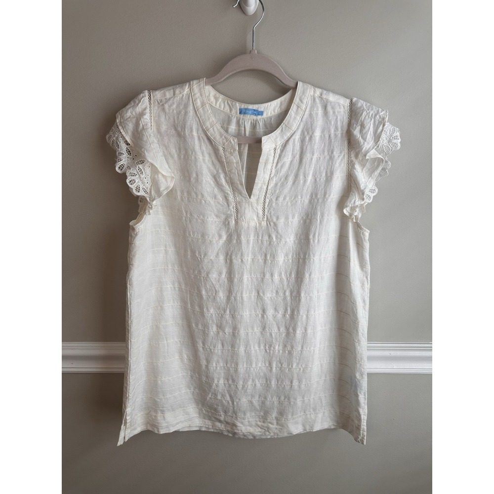 J Mclaughlin Ivory Linen Blend Eyelet Flutter Sleeve Top M Cottagecore Coastal